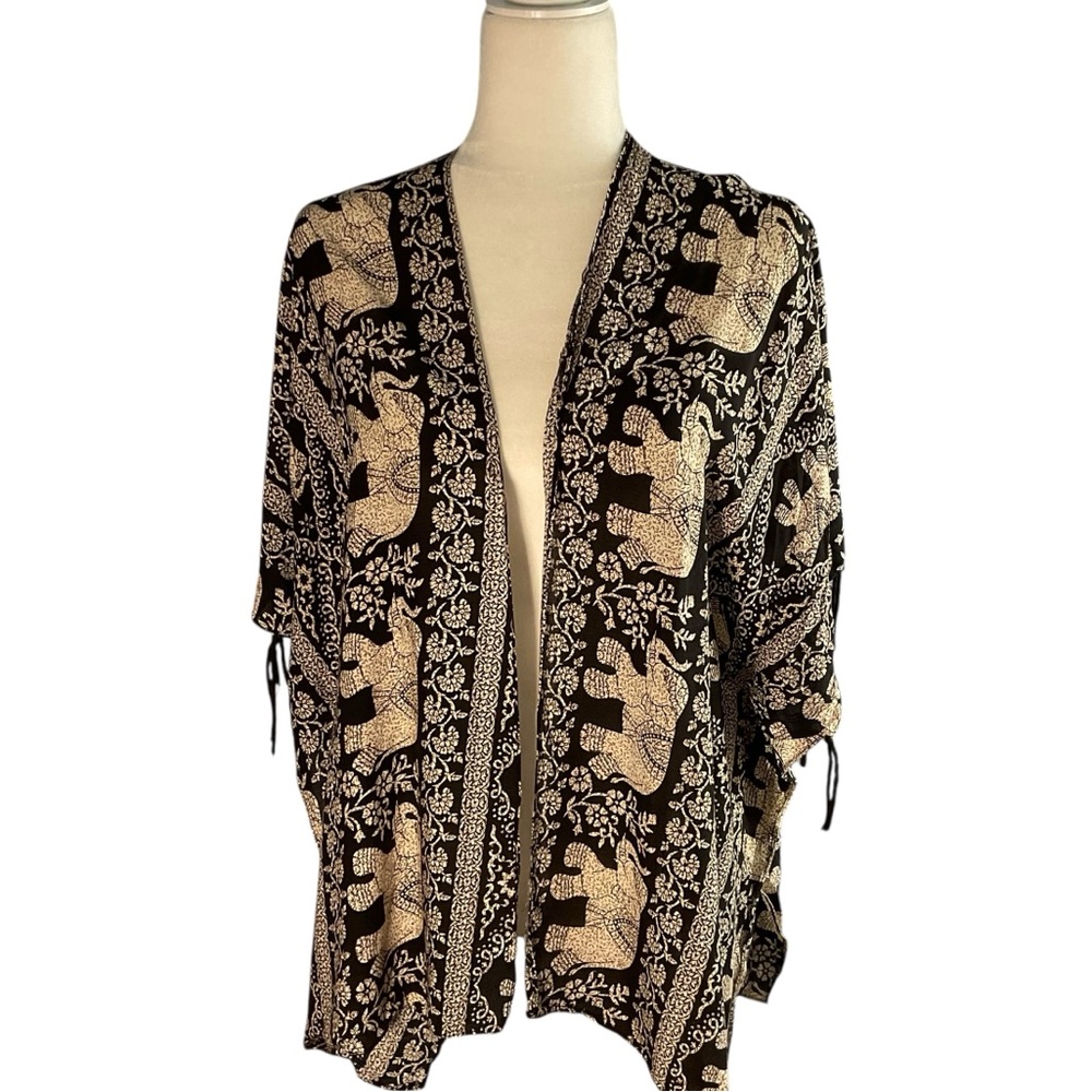 Janice Black and Tan Elephant Print Fringe Sleeve Kimono Size OS